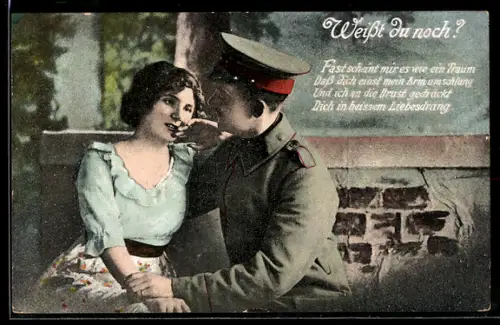 AK Soldat in Uniform hält die Hand einer hübschen Frau, Soldatenliebe