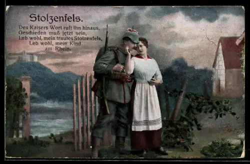 AK Soldat in Uniform und mit Gewehr hat den Arm um eine Frau gelegt, Soldatenliebe