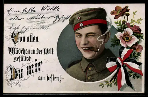 AK Zwinkernder Soldat in Uniform und mit Zigarre, Soldatenliebe