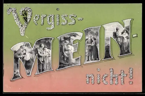 AK Verschiedene Szenen eines Soldaten in Uniform mit seiner Liebsten, Vergissmeinnicht, Soldatenliebe