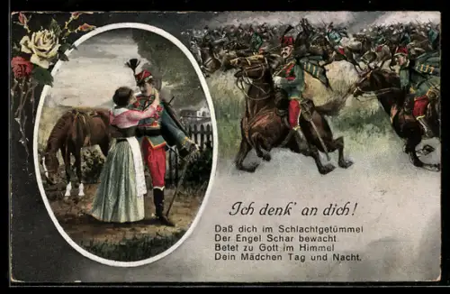 AK Frau umarmt einen Soldaten in Husarka neben einer Schlachtszene, Soldatenliebe