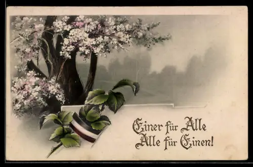 AK Baum in voller Blüte, Zweig mit Band in Reichsfarben, Einer für alle, Alle für Einen
