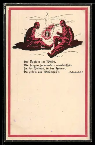AK Zwei Soldaten mit einem Topf über dem Feuer, Soldatenlied
