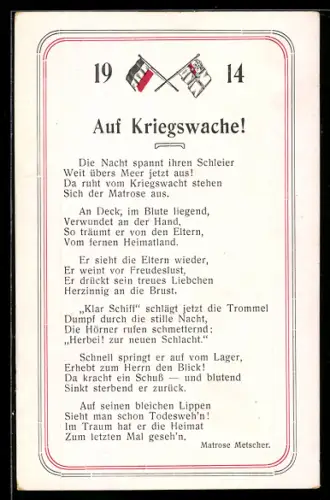 AK Auf Kriegswache, Fahnen 1914, Matrose Metscher