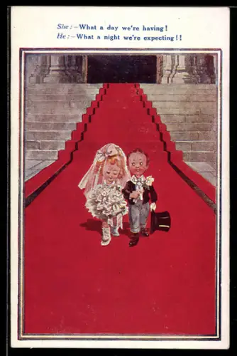 AK Hochzeitspaar auf dem roten Teppich mit Blumenstrauss und Zylinder