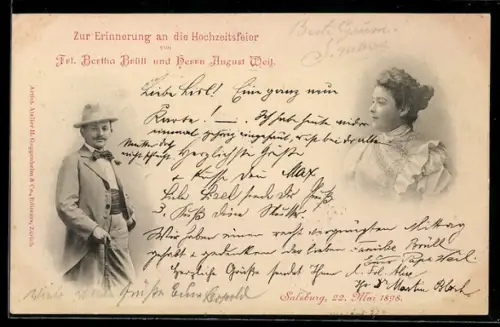 AK Erinnerung an die Hochzeitsfeier von Bertha Brüll und August Weil mit Einzelportraits