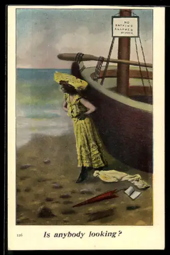 AK Schöne Frau im Kleid am Strand