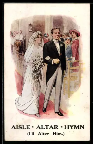 AK Brautpaar Arm in Arm in der Kirche zu ihrer Hochzeit