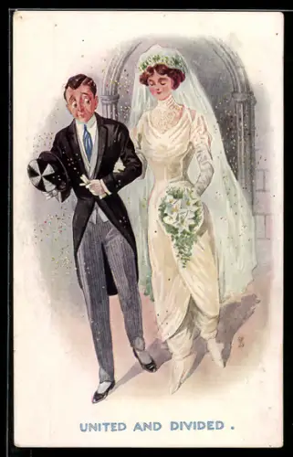 AK Brautpaar mit Blumenstrauss vor der Kirche