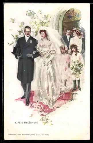 AK Elegantes Brautpaar mit Blumenmädchen vor der Kirche