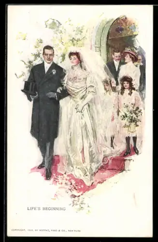 AK Junges Hochzeitspaar vor dem Eingang der Kirche