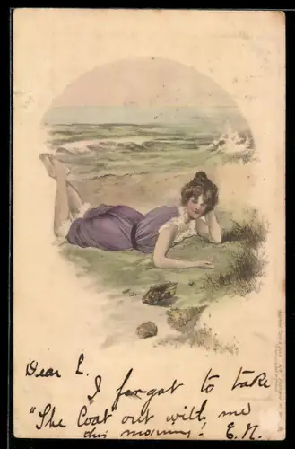 AK Dame im Badeanzug liegt am Strand