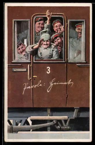 AK Soldaten in Uniformen winken aus dem Fenster eines Zuges