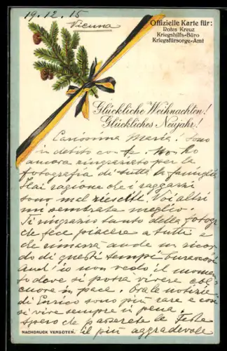 AK Rotes Kreuz, Tannenzweig mit Schleife der österr. Farben