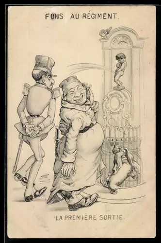 AK Herr in Uniform wird von einer Statue angepinkelt