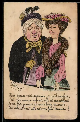 Künstler-AK Ältere Dame und jüngere Dame, Pour épouse voici, monsieur...
