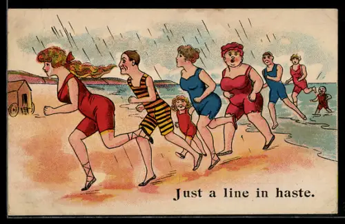 AK Gruppe in Bademode flüchtet bei Regen aus dem Wasser