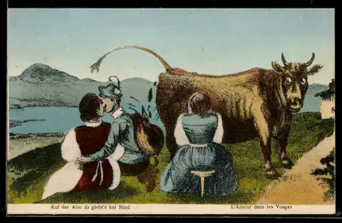 AK Rind kackt einen Wanderer an