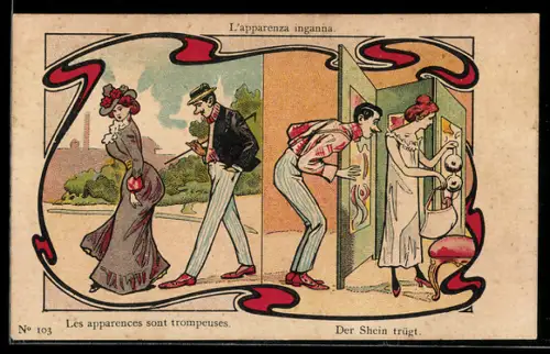 Lithographie Mann ist überrascht wie eine Dame im Unterkleid aussieht