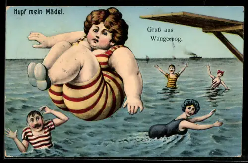 AK Korpulente Dame springt ins Wasser
