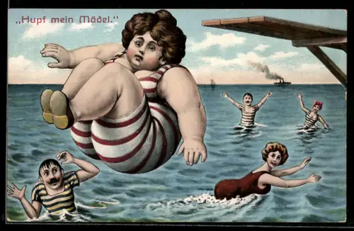 AK Korpulente Dame springt vom Sprungbrett