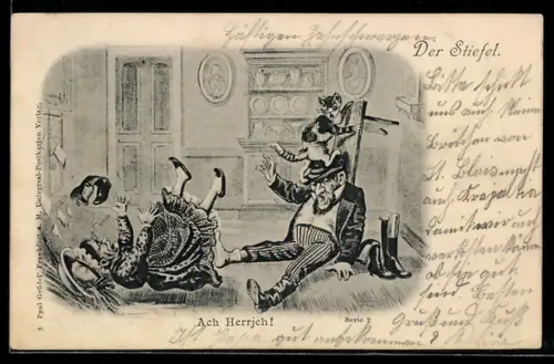 AK Frau fällt nachdem sie ihrem Mann den Stiefel auszieht