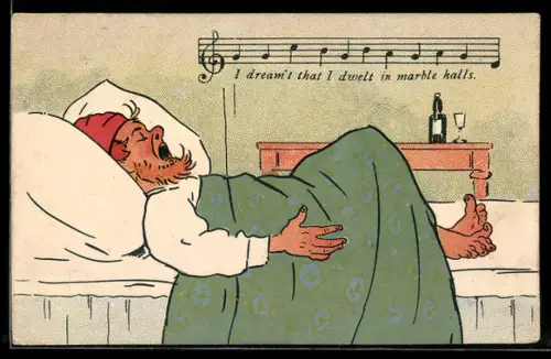 AK Betrunkener Mann schläft, Musiknoten und Liedtext