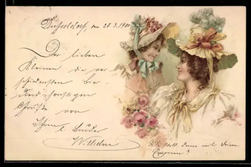 AK Zwei elegante Dame mit Hüten im Biedermeier-Stil