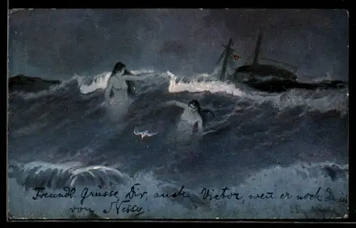 Künstler-AK sign. P. Schreckhaase: Meerjungfrauen bei Nacht vor sinkendem Schiff