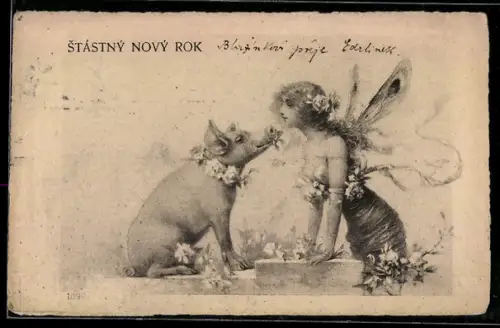 AK Elfe mit einem Schwein im Blumenschmuck
