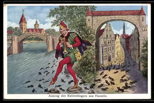 Künstler-AK Hameln, Auszug des Rattenfängers aus Hameln