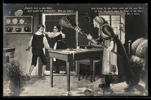 AK Hänsel und Gretel werden zum Erdbeerpflücken in den Wald geschickt, Märchen