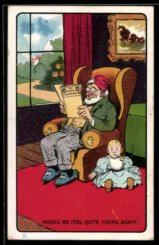 AK Grossvater im Ohrensessel mit Schnuller und Zeitung The Weekly Telegraph, Kind mit Pfeife