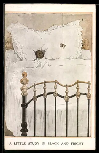 AK A Little Study in Black and Fright, Kind im Bett mit Angst vor einer Spinne, Kolonialhumor