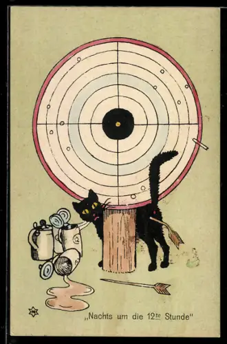 AK Nachts um die 12te Stunde, Schwarzer Kater, von Pfeil getroffen, Schiessscheibe, Bierkrüge