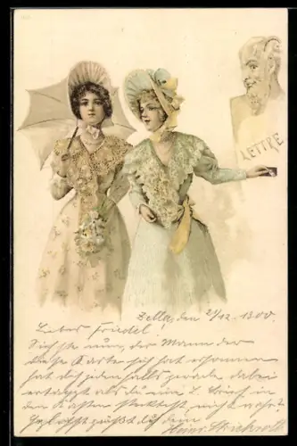 Lithographie Zwei elegante junge Damen mit Schirm, Büste Lettre, Biedermeier