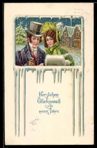 AK Junges Biedermeier-Paar in winterlicher Ortschaft, Muff, Eiszapfen-Rahmen, Neujahrsgruss