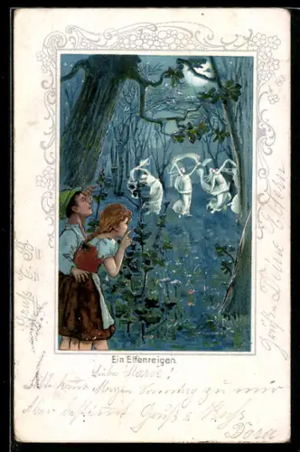AK Ein Elfenreigen, Kleines Paar beobachtet tanzende Elfen im Mondschein