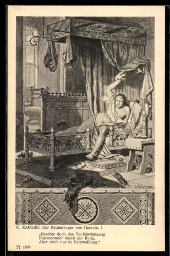 AK Rattenfänger von Hameln, Von Ratten geplagter Bürger auf seiner Bettstatt