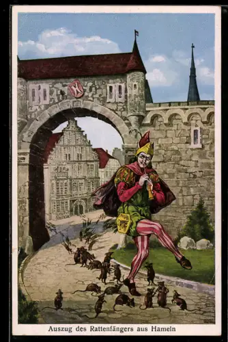 AK Auszug des Rattenfängers aus Hameln, mit Ratten vor dem Stadttor