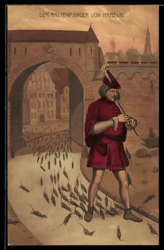 AK Der Rattenfänger von Hameln führt die Ratten aus der Stadt