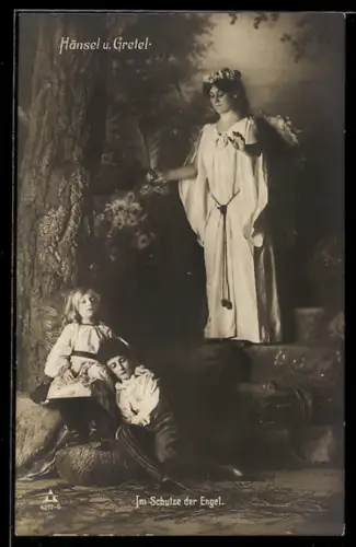AK Im Schutze der Engel, Hänsel und Gretel schlafend im Wald, Engel