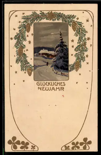 Präge-AK Verschneite Ortspartie mit Kleeblättern im Passepartout, Jugendstil