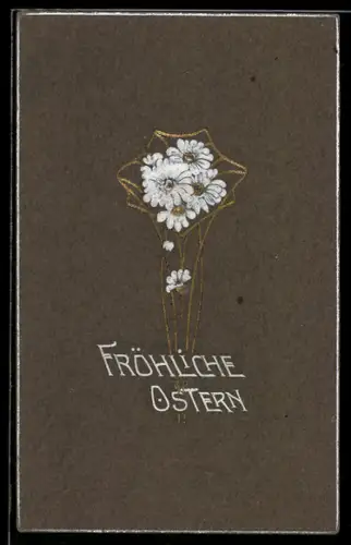 Präge-AK Ein Strauss Margeriten mit filigranen Goldakzenten, Jugendstil