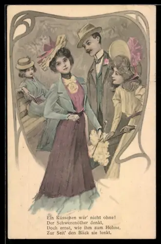 AK Schöne Frau ist das Zentrum der Aufmerksamkeit anderer Menschen, Jugendstil