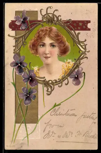 Lithographie Fräuleinportrait und Blüten