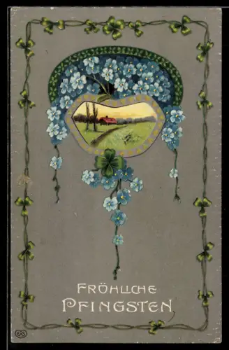 Präge-AK Idyllische Ortspartie mit Vergissmeinnicht und Kleeblättern im Passepartout, Jugendstil