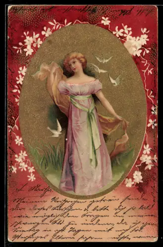 AK Pfingsten, blonde Frau mit Tauben