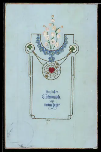 Präge-AK Stilisiertes Herz in einem goldenen Spinnennetz mit Vergissmeinnicht und Klee im Passepartout, Jugendstil