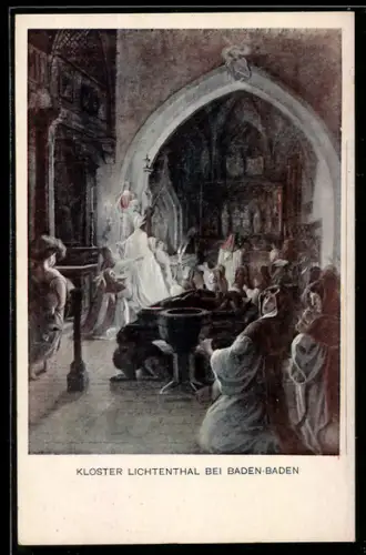 Künstler-AK F. I. Götzenberger: Baden-Baden, Schwarzwaldsagen, Kloster Lichtenthal während einer Messe, Sage